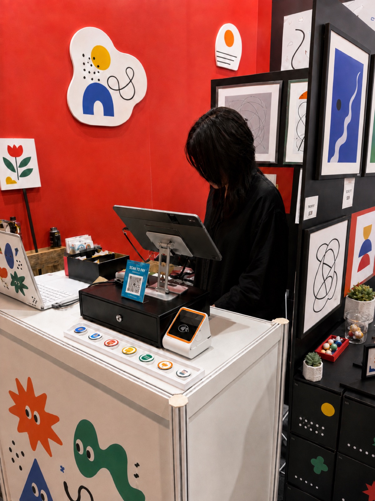 創作者市集攤位上的 OEN POS:主機、錢箱與掃描器在櫃檯就位