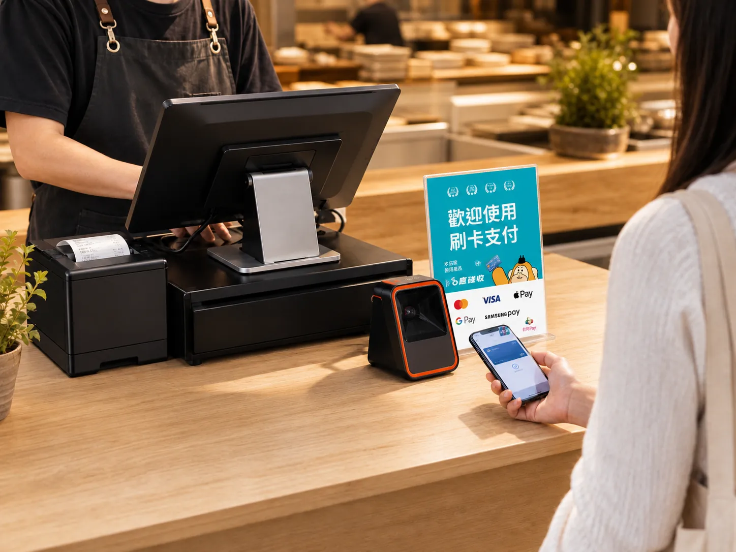 烘焙門市木質吧台上的 OEN POS 完整櫃檯配置,店員操作主機,顧客以手機感應付款。