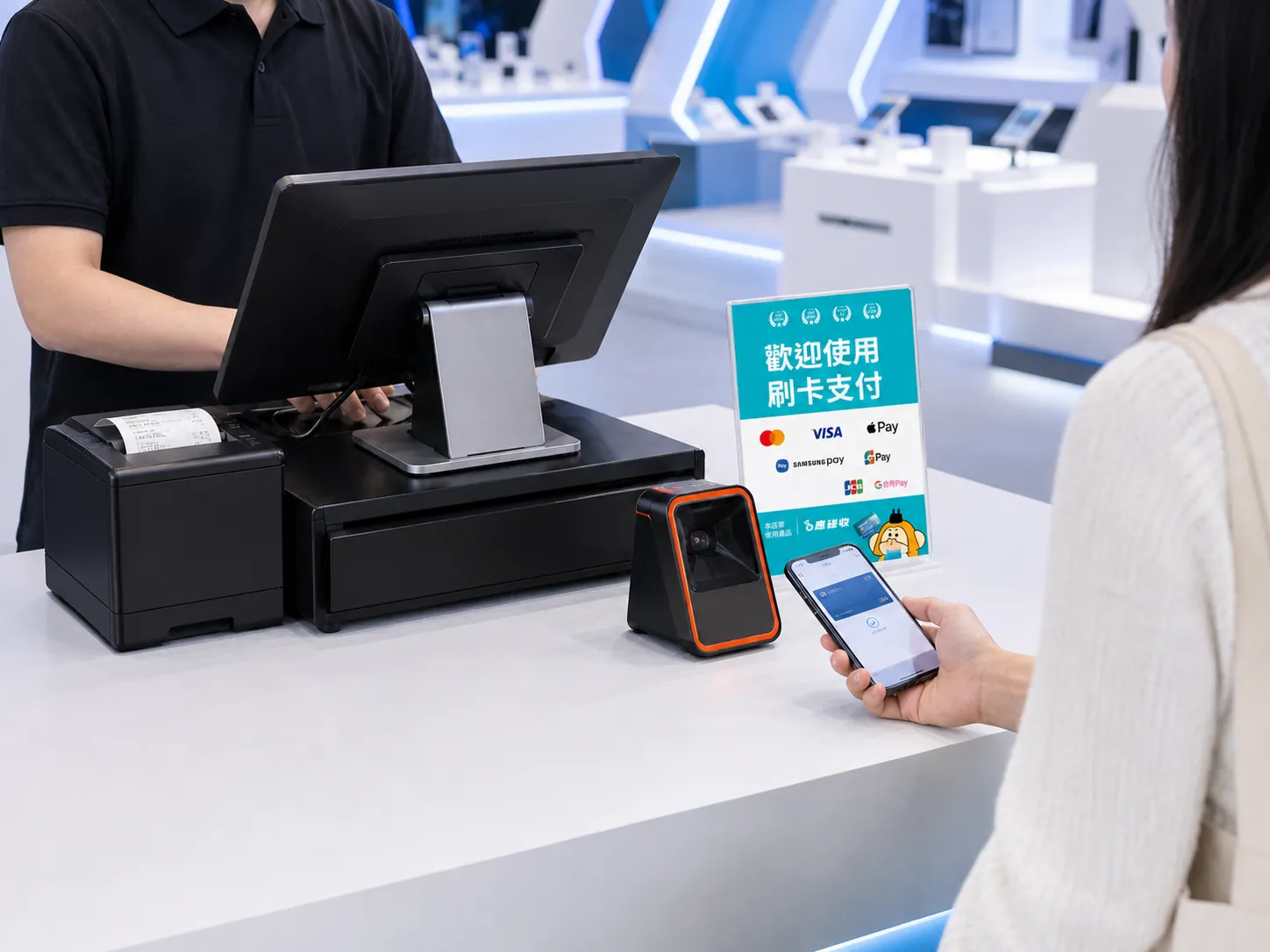 3C 門市白色櫃檯上的 OEN POS 配置,顧客以手機感應付款。
