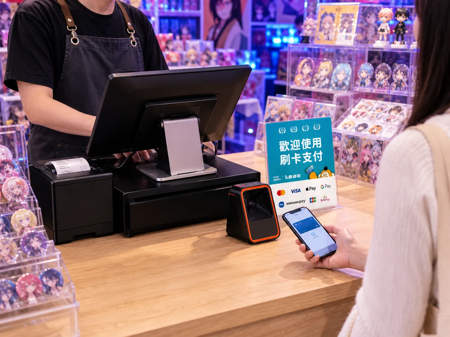 動漫周邊選物店櫃檯上的 OEN POS 配置,背景是壓克力立牌與公仔展示櫃。