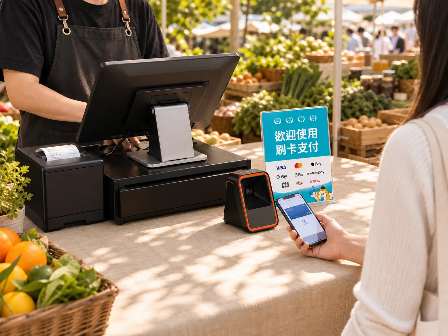 戶外市集攤位上的 OEN POS 配置,旁邊是蔬果籃與遮陽帳篷。